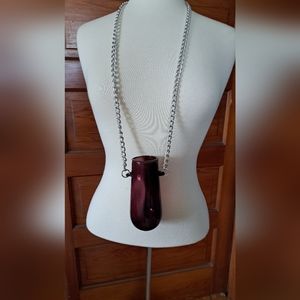 Vintage MCM 1970's hands free drinking glass. Purple, silver alum chain